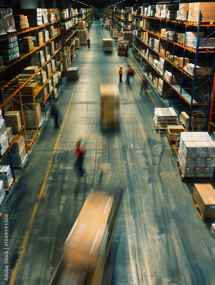 Poster workers are transporting boxes and pallets in a busy warehouse stocked with shelves of various goods