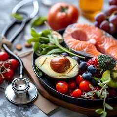 a bowl of vegetables and a stethoscope, Discussing blood pressure and hypertension, emphasizing the importance of eating less salt and following a low-sodium diet, vegetables on a plate
