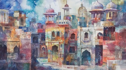 Obraz premium A Watercolor Painting Depicting a Traditional Indian City