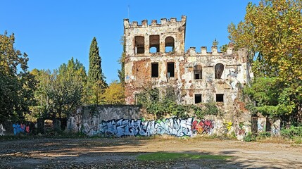 Obraz premium Abandoned Building with Crumbling Walls and Graffiti