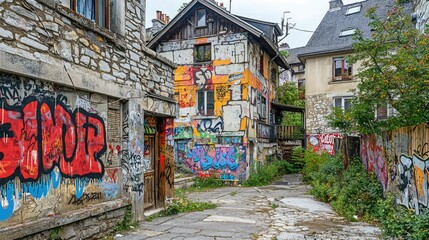 Fototapeta premium Crumbling Building with Graffiti in Urban Landscape