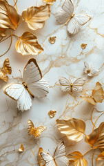 3D white and gold butterflies