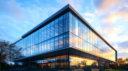 Fototapeta premium Modern Sharp-Lined Architecture Showcasing Minimalist Glass Facades Against a Clear Sky