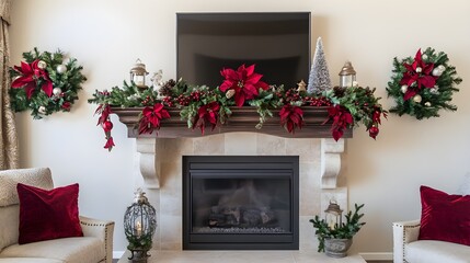 Festive Fireplace Mantel Decor with Christmas Wreaths  Poinsettia and Candles