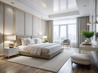 Minimalist White Hotel Room Interior Design in 3D Rendering for Elegant Accommodation Spaces