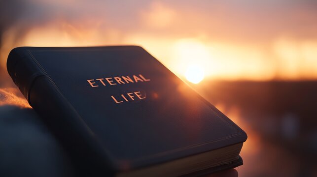 Close-up of a book titled 'Eternal Life' against a beautiful sunset, symbolizing hope, spirituality, and contemplation.