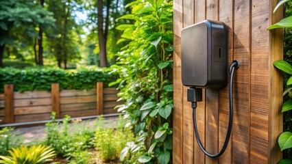 Black Charging Station on Wooden Wall Surrounded by Lush Green Garden, Eco-Friendly Energy Solutions, Sustainable Living, Outdoor Power Access, Nature Integration, Modern Design