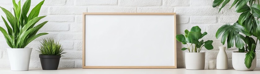 Minimalist mockup with blank canvas in wooden frame surrounded by potted plants against modern white brick wall, perfect for artwork display.