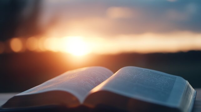 Open book illuminated by a warm sunset, creating a peaceful and inspirational setting for reading and reflection.