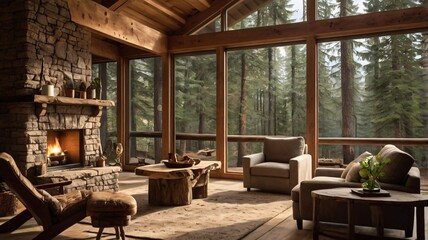 Cozy Cabin Living Room with warm wood, fireplace, and wide forest-view windows V2