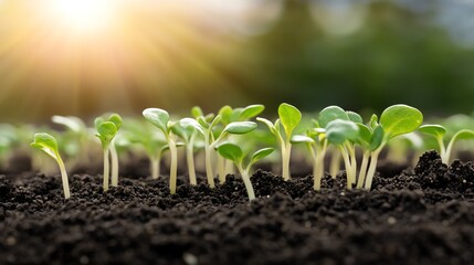 Young seedlings sprout from rich soil, bathed in warm sunlight. Image captures new life, growth, and the potential of nature at dawn.