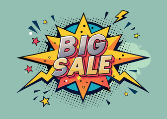 A vibrant and eye-catching pop art design announcing a big sale, perfect for advertising, marketing materials, or social media posts.