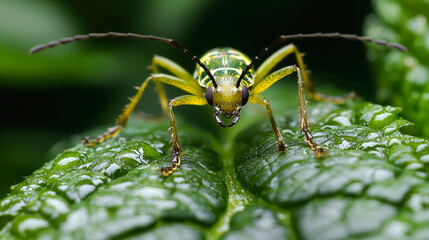 Fototapeta premium A close-up shot of a green and yellow beetle on a leaf with dew drops.