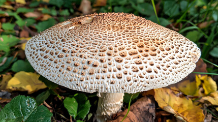 A close-up shot of a large, white mushroom with brown spots growing in a forest setting.