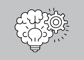 A simple and clean icon featuring a brain, a lightbulb, and a gear, representing the concept of creative thinking, innovation, and problem-solving.