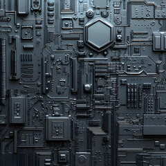 Fototapeta premium Abstract Silver Geometric Circuitry Design with Intricate Patterns Overlaid on a Dark Background