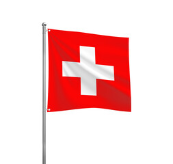 Switzerland National flag waving in the wind on a silver pole, isolated on transparent