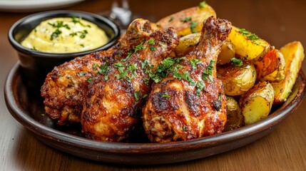 Delicious roasted chicken drumsticks served with crispy potatoes and a creamy dipping sauce, perfect for any meal.