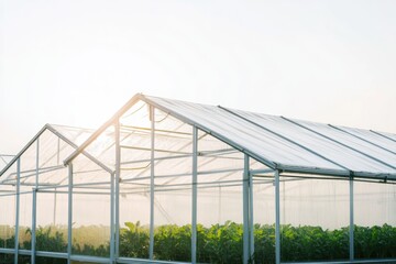 Obraz premium Minimalist Small Greenhouse in Sunset Light – Perfect for Nature and Gardening Themes