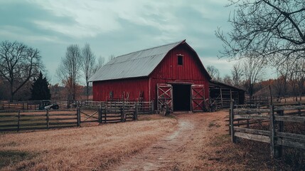 Obraz premium Vintage Red Barn Surrounded by Peaceful Fields