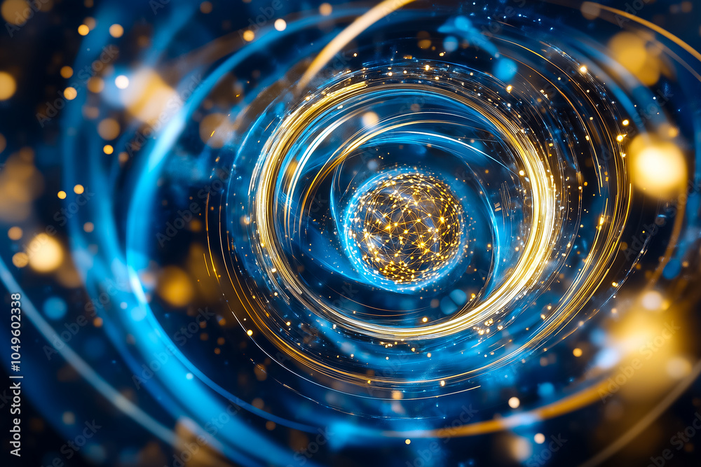 Poster swirling elements of light and particles symbolize quantum computing's complexity and potential for 
