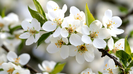 Fototapeta premium A close-up view of a cluster of delicate white cherry blossoms with yellow centers on a branch. The background is softly blurred with other cherry blossoms.