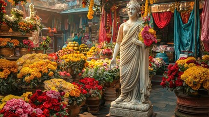 Fototapeta premium Vibrant Festival Scene with Classical Statue Among Flowers