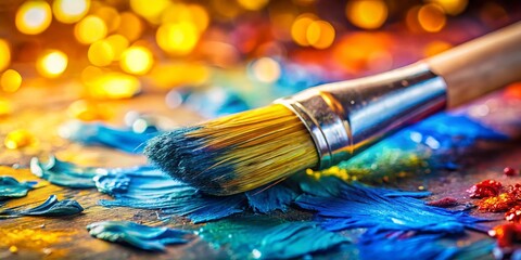 Obraz premium Close-up of a Paintbrush on a Palette Highlighting Blue and Yellow Paint for Artistic Inspiration and Creativity in Portrait Photography