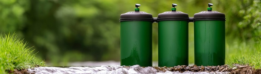 Three green recycling bins positioned by a serene stream, surrounded by lush grass, promoting environmental awareness and sustainability.