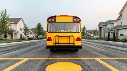 Obraz premium Transportation Safety Standards shown by a well-maintained school bus near a stop sign, in a suburban neighborhood, with clear pavement markings and bright colors enhancing safety