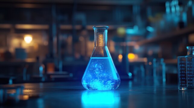 An empty laboratory table with a blue glowing liquid in a beaker of a science lab