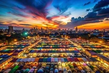 Nighttime Cityscape of Chatuchak Secondhand Market in Bangkok - Vibrant Low Light Photography