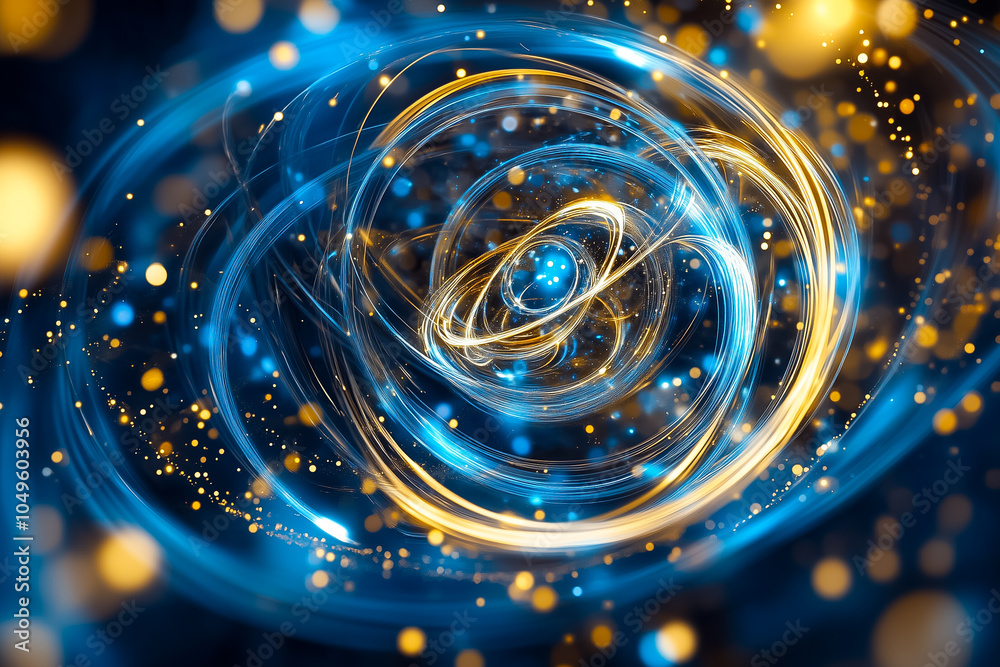 Poster visualization of quantum computing elements illustrating dynamic particle interactions and energy fl
