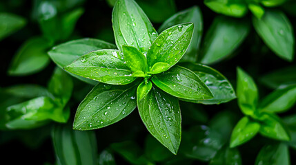 A close-up view of vibrant green leaves with water droplets.