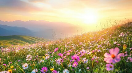 Fototapeta premium Serene Sunrise Over Wildflower-Covered Rolling Hills