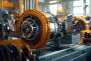 Obraz premium Intricate industrial turbine component in a manufacturing facility surrounded by precision machinery
