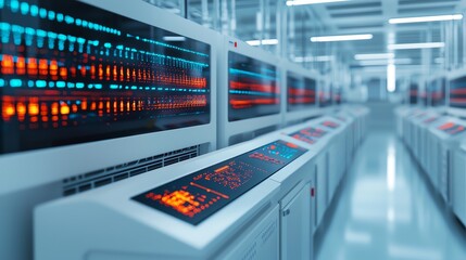 Naklejka premium A futuristic lab with automated machines sequencing DNA, bright sterile lighting, wideangle view