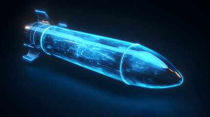 Minimalist 3D Model of a Space Rocket with Neon Glow Against a Dark Background