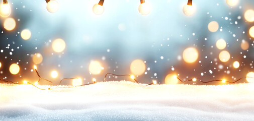 Obraz premium Winter market with twinkling lights, snow falling, festive holiday atmosphere