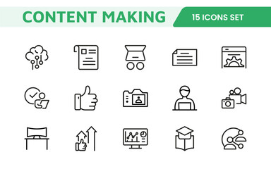 Content Creation Icon Set. Creative and versatile icons for bloggers, vloggers, and digital creators, perfect for enhancing editing tools, social media apps, and multimedia projects.