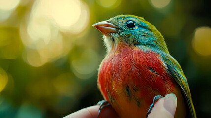 Fototapeta premium A colorful bird with red, green, and blue feathers sits in a person's hand.