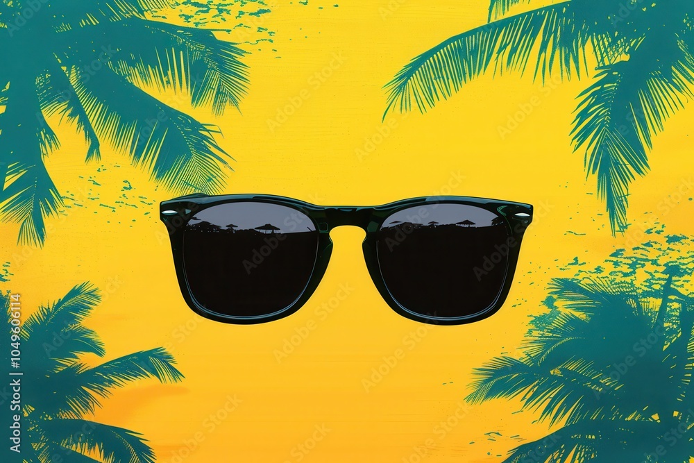 Poster silhouette of stylish sunglasses contrasts against a vivid beach backdrop with palm trees during a c