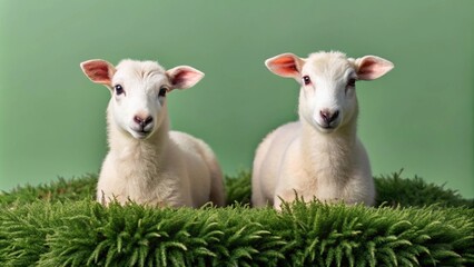 Obraz premium Two white lambs sitting on green grass, looking directly at the camera.