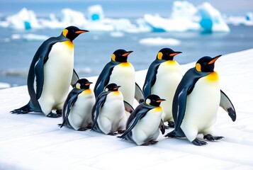 Fototapeta premium Penguin Family A group of penguins sliding down an icy slope wit