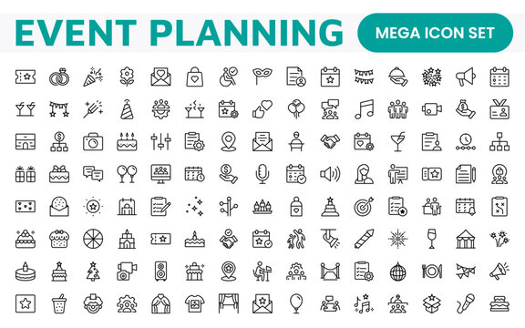 Event Planning Icon Set. Stylish and functional icons for organizers, perfect for scheduling, venue management, and event promotion, ideal for apps, websites, and marketing materials.