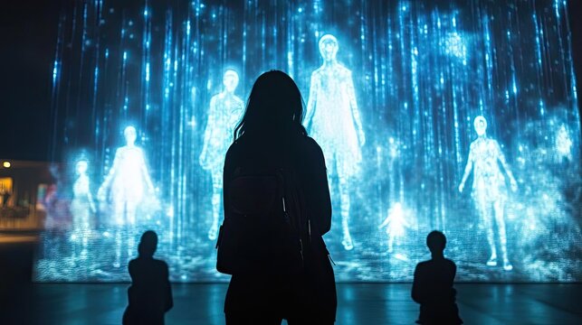 A person attending a virtual concert, with holographic performers on stage