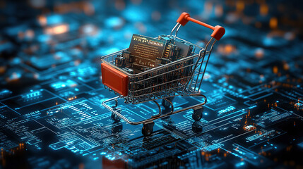 Digital shopping cart with electronic components on a blue digital background, an online shopping concept