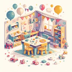 Playroom Interior Illustration with Toys, Furniture, and Decorations