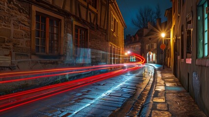 Obraz premium The vibrant light trails of passing vehicles illuminate the narrow streets of an 18th century European village adding a modern touch to the historic setting.