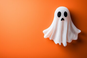 a simple small ghost figure made out of white cloth on an orange background